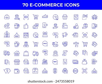 Set of line icons in linear style. Series - E-commerce and shopping. Online shopping cart, electronic purchase and sale on marketplaces. Conceptual pictogram and infographic.