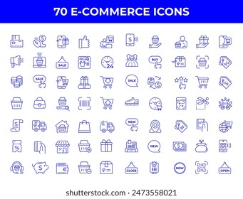 Set of line icons in linear style. Series - E-commerce and shopping. Online shopping cart, electronic purchase and sale on marketplaces. Conceptual pictogram and infographic.