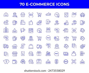 Set of line icons in linear style. Series - E-commerce and shopping. Online shopping cart, electronic purchase and sale on marketplaces. Conceptual pictogram and infographic.