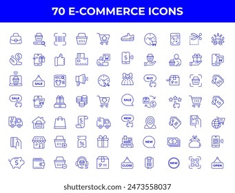 Set of line icons in linear style. Series - E-commerce and shopping. Online shopping cart, electronic purchase and sale on marketplaces. Conceptual pictogram and infographic.