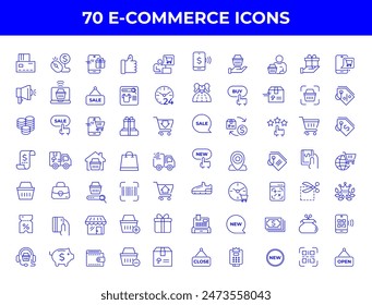 Set of line icons in linear style. Series - E-commerce and shopping. Online shopping cart, electronic purchase and sale on marketplaces. Conceptual pictogram and infographic.