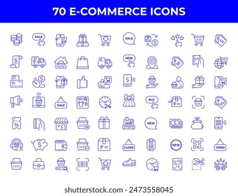 Set of line icons in linear style. Series - E-commerce and shopping. Online shopping cart, electronic purchase and sale on marketplaces. Conceptual pictogram and infographic.