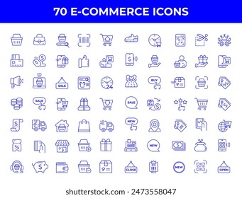 Set of line icons in linear style. Series - E-commerce and shopping. Online shopping cart, electronic purchase and sale on marketplaces. Conceptual pictogram and infographic.