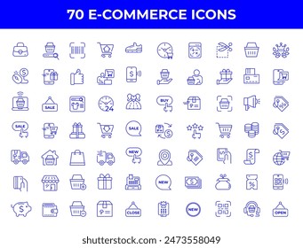 Set of line icons in linear style. Series - E-commerce and shopping. Online shopping cart, electronic purchase and sale on marketplaces. Conceptual pictogram and infographic.