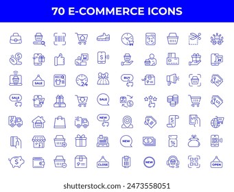Set of line icons in linear style. Series - E-commerce and shopping. Online shopping cart, electronic purchase and sale on marketplaces. Conceptual pictogram and infographic.