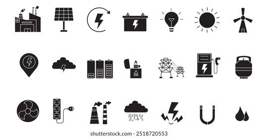 Satz von Liniensymbolen im linearen Stil. Serie - Energie, Energieressourcen, Art der Energie und Energie. Gliederungssymbolsammlung. Konzeptuelles Piktogramm und Infografik.