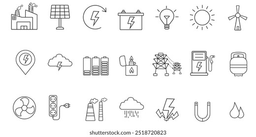 Satz von Liniensymbolen im linearen Stil. Serie - Energie, Energieressourcen, Art der Energie und Energie. Gliederungssymbolsammlung. Konzeptuelles Piktogramm und Infografik.