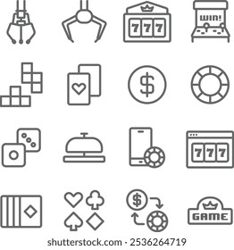 Set of line icons in linear style. Series - Casino, poker, card games. Playing cards, chips, slot machine. Outline icon collection. Conceptual pictogram and infographic. Editable stroke