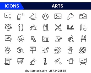 Set of line icons in linear style. Series - Art and culture. Creativity, sculpture, architecture, museum, theater, gallery and painting. Outline icon collection.