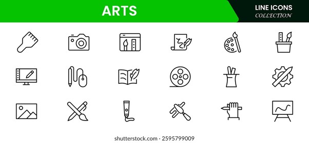 Set of line icons in linear style. Series - Art and culture. Creativity, sculpture, architecture, museum, theater, gallery and painting. Outline icon collection.