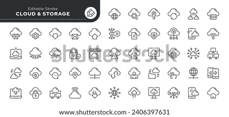 Set of line icons in linear style. Series - Cloud and Storage.Digital database, protection, transmission and server. Outline icon collection