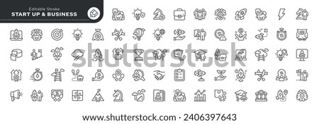 Set of line icons in linear style. Set - Start up, starting a business, marketing, financial and career start. Web line icon. Outline pictogram and infographic. Vector collection