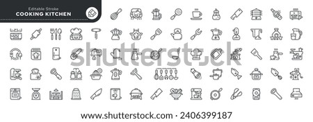 Set of line icons in linear style. Set - Cooking kitchen. Cooking food, cookware, cutlery, household appliances and kitchenware. Outline icon