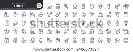 Set of line icons in linear style. Set - Drink. Alcoholic drinks. Lemonade, cocktail, wine, cold and hot, carbonated drinks. Outline icon collection.