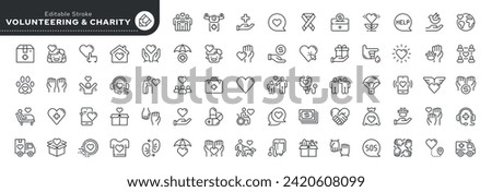 Set of line icons in linear style.Set - Volunteering, charity and donation. Help and support in difficult life situations.Donation. Outline icon collection. Pictogram and infographic. Editable stroke	