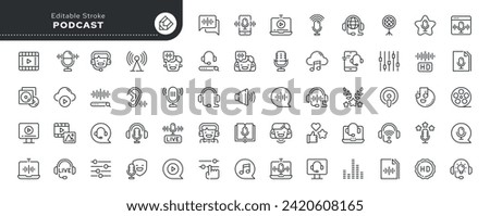 Set of line icons in linear style. Series - Podcast. Broadcasting, sound, microphone. Sound and video files. Outline icon collection. Pictogram and infographic. Editable stroke.