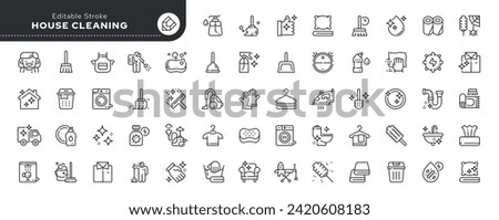 Set of line icons in linear style. Series - Home cleaning.Clean up the house. Washing floors, windows, dishes, clothes and linen.Sweeping the floor and wiping dust. Outline icon collection. Pictogram