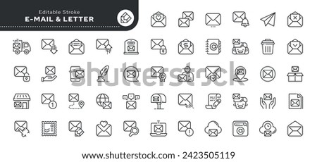 Set of line icons in linear style. Series - Mail, email and postal letter. Mailing. Post office and mailbox. Outline icon collection. Pictogram and infographic. Editable stroke.