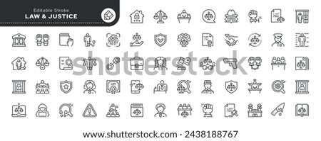 Set of line icons in linear style. Series - Law, justice and court. Arrest of the criminal, defense of the accused and verdict of punishment. Outline icon collection. Conceptual pictogram