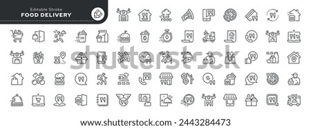 Set of line icons in linear style. Series - Food delivery.Order food and drinks from a restaurant, fast food, delivery person, online ordering of dishes. Outline icon collection. Conceptual pictogram
