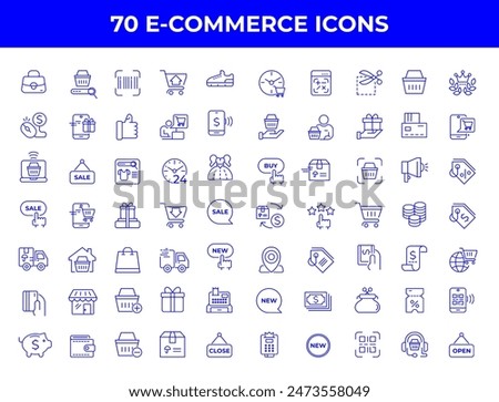Set of line icons in linear style. Series - E-commerce and shopping. Online shopping cart, electronic purchase and sale on marketplaces. Conceptual pictogram and infographic.
