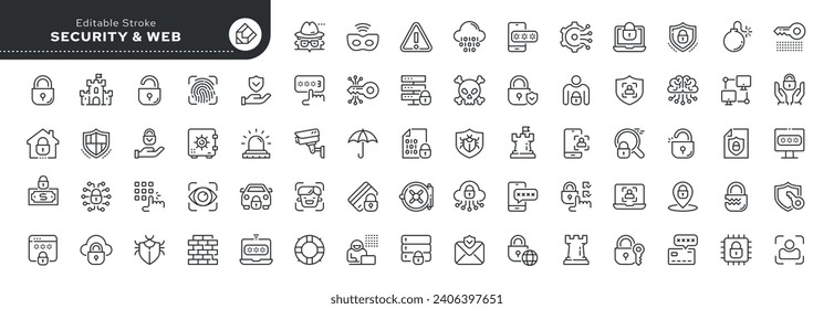 Set of line icons in linear style.Series - Security, safety and cyber protection.Shield, locking padlock, password, safe key, data protection. Outline icon collection. Pictogram and infographics.