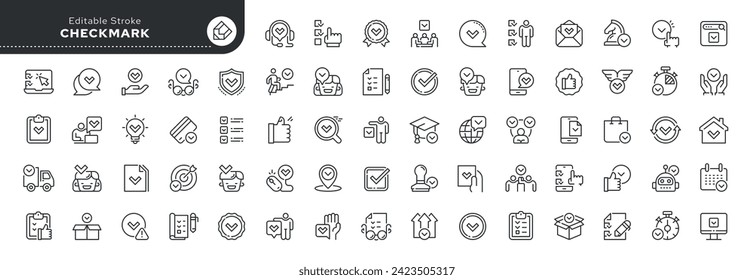 Set of line icons in linear style.Set-Checkmark and Tick.Voting, opinion, polling.Acknowledgment, acceptance, agreement, approval, verification and certification check mark.Outline icon collection 