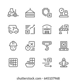 Setzen Sie Liniensymbole der Logistik einzeln auf weiß. Enthält solche Symbole wie Versand, Flugzeug, Verladen, Zeit, Lieferung, Lager, Haken, Bewegung, Gabelstapler, Van, Karte und mehr. Vektorgrafik