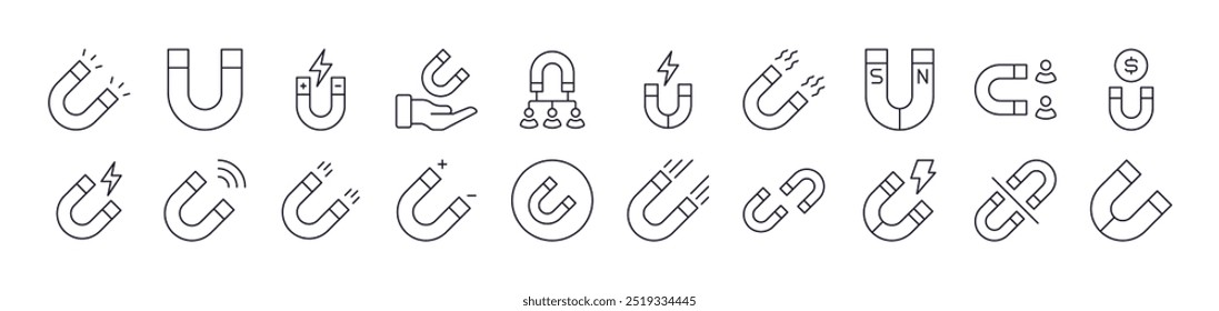 Set of Line Icons of Magnet. Editable Stroke. Minimalistic Linear Pictogram for Design of Cards, Apps, Banners, Posts 