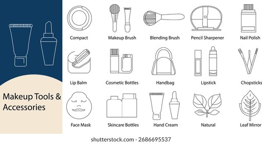 Conjunto de ícones de linha para ferramentas de maquiagem, acessórios cosméticos, produtos de cuidados com a pele e beleza