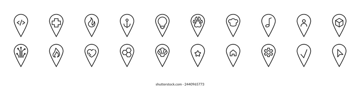 Conjunto de iconos de línea del pin del mapa. Trazo editable. Signo de esquema simple para sitios web, periódicos, libros de artículos