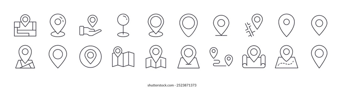 Conjunto de iconos de línea de mapa Pin. Trazo Editable. Pictograma lineal minimalista para el diseño de tarjetas, App, Anuncios, publicaciones
