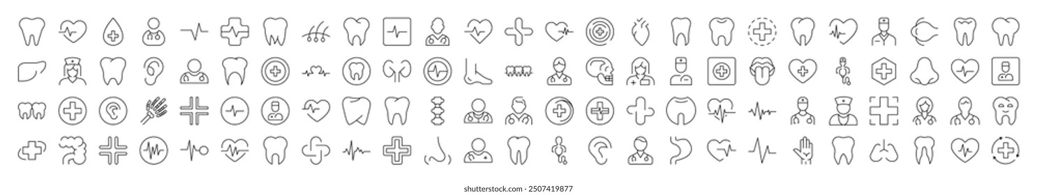 Set of Line Icons of Medical Cross, Doctor, Tooth, Internal Organs, Clinic. Editable Stroke. Minimalistic Linear Pictogram for Design of Cards, Apps, Banners, Posts 