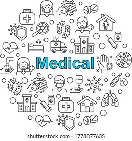 Set line icons of medical for infographic or website. Included icons as virus, contagious, contagion, infection, surgical mask, hand washing, pneumonia, ambulance, hospital, vaccine.