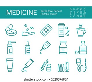 Set of line icons of medicine. Editable vector stroke. 64x64 Pixel Perfect.