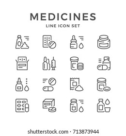 Set line icons of medicines isolated on white. Contains such icons as pill, capsule, spray, tablet, supplements, vaccine, powder, ointment, vitamin, ampoule, blister and more. Vector illustration