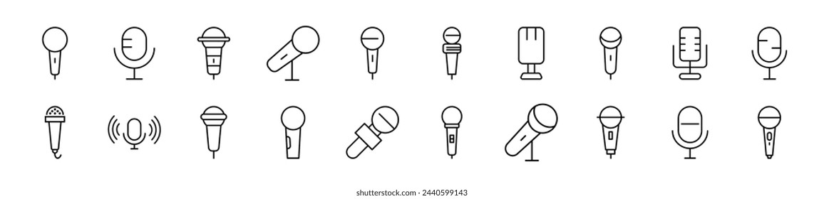 Conjunto de iconos de línea del micrófono. Trazo editable. Signo de esquema simple para sitios web, periódicos, libros de artículos