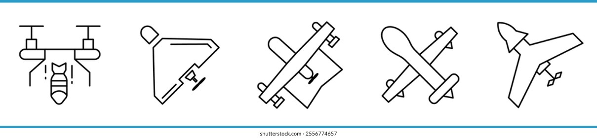 A set of line icons of military and war drones. War drones technology. Editable stroke.