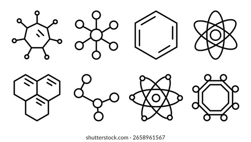 Set of line icons of molecule, cell, atom, protein isolated on white background, flat vector illustration