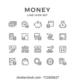 Set line icons of money isolated on white. Contains such icons as coin, exchange, cash pouch, purse, credit card, check, calculator, bank, moneybox, graph, safe and more. Vector illustration