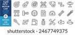 A set of line icons with motor car and its components. Engine, piston, chain, wheel, key, steering, wrench and so on. Vector outline icons set.