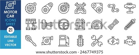 A set of line icons with motor car and its components. Engine, piston, chain, wheel, key, steering, wrench and so on. Vector outline icons set.