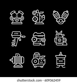 Set line icons of motor and engine isolated on black. Vector illustration