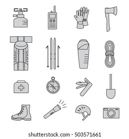 Set line icons of mountaineering equipments. Collection vector icons for climbing, trekking, hiking, tourism, expedition, extreme, camping, outdoor recreation and vacation in mountains