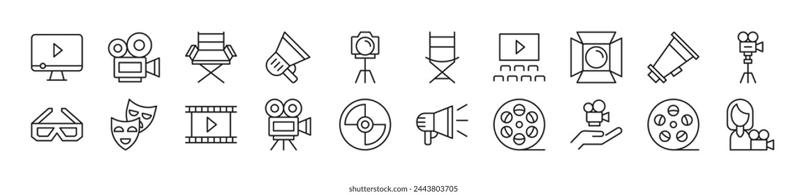 Set of line icons of movie. Editable stroke. Simple outline sign for web sites, newspapers, articles book