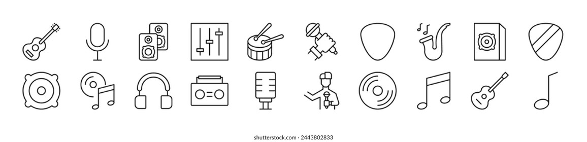Conjunto de iconos de línea de la música. Trazo editable. Signo de esquema simple para sitios web, periódicos, libros de artículos