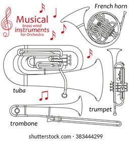 Set of line icons. Musical brass wind instruments for orchestra. Info graphic elements. Simple design. Good for coloring books. Vector illustration