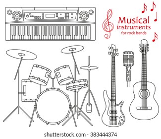 Set of line icons. Musical instruments for rock bands. Info graphic elements. Simple design. Good for coloring books. Vector illustration