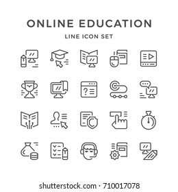 Set line icons of online education isolated on white. Contains such icons as e-learning, webinar, course, tutorial, payment, stopwatch, reward, tutor, exam, communication and more. Vector illustration