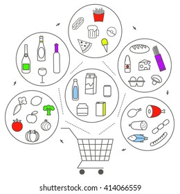 Set of Line Icons of Online Food Shop. Grocery Products Categories. Shopping basket with vegetables, fruits, alcohol, bread, dairy, soft drinks, chicken, meat, seafood, sausage. Vector illustration. 